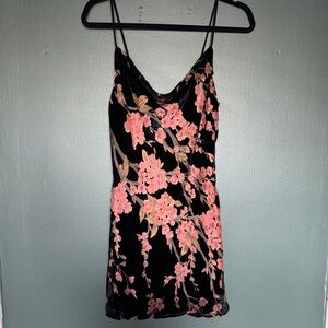 Princess Polly Black Velvet Slip Dress with Pink Floral Embroidery